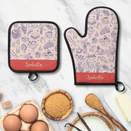 Ensemble De Gant De Cuisine Et De Manique Personalized Name Cute Hand Drawn Food