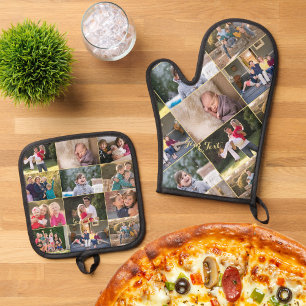 Ensemble De Gant De Cuisine Et De Manique Personnalisé 17 Photo Collage Gold Monogramme
