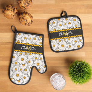 Ensemble De Gant De Cuisine Et De Manique Personnalisé gris foncé noir blanc jaune Motif mar