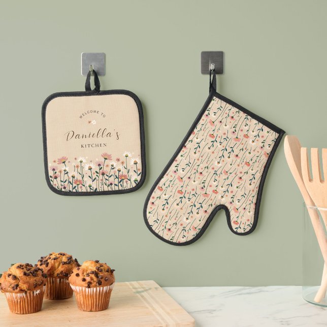 Ensemble De Gant De Cuisine Et De Manique Personnalisé Whimsical Boho Chic Fleur sauvage (Créateur téléchargé)