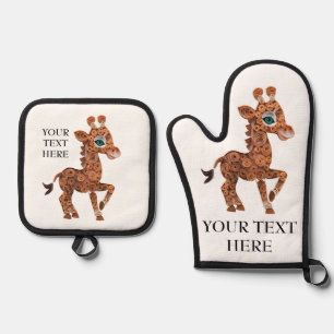 Ensemble De Gant De Cuisine Et De Manique Personnaliser mignon bébé Giraffe Texte & Pic