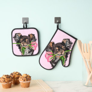 Ensemble De Gant De Cuisine Et De Manique Petit chien avec Rose Four Mitt & Pot Pot