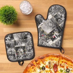 Ensemble De Gant De Cuisine Et De Manique Photo de famille noire et blanche Collage Monogram
