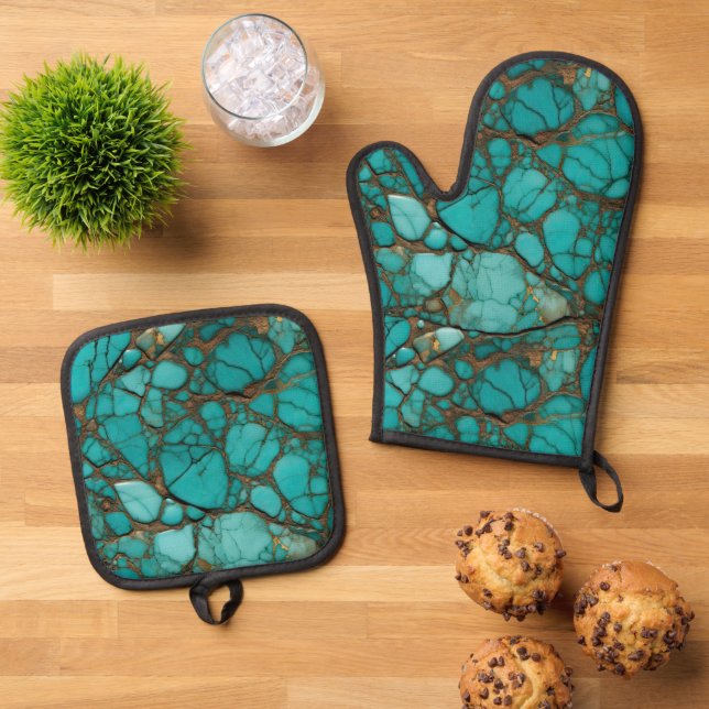 Ensemble De Gant De Cuisine Et De Manique Pierres turquoise (De haut en bas)