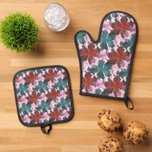 Ensemble De Gant De Cuisine Et De Manique Planche à découper à motif floral tropical sans co