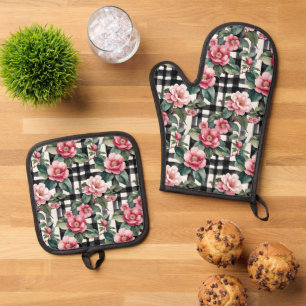 Ensemble De Gant De Cuisine Et De Manique Plaqué noir et blanc avec Camellias rose feuillus