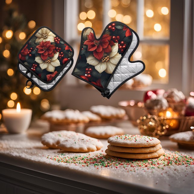Ensemble De Gant De Cuisine Et De Manique Poinsiettia de Noël (Serve your Christmas Dinner in style with these beautiful Poinsettia ovent mitts & pot holders!)