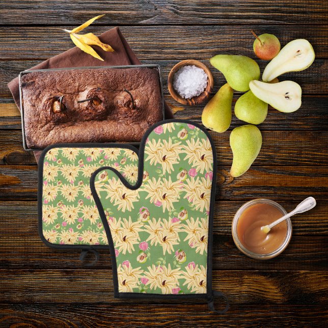 Ensemble De Gant De Cuisine Et De Manique Poires à fleurs vert (Créateur téléchargé)
