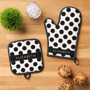 Ensemble De Gant De Cuisine Et De Manique Pois noirs et blancs, pointillés, Votre nom