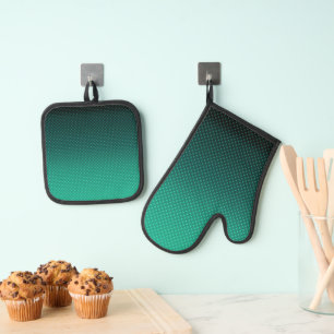 Ensemble De Gant De Cuisine Et De Manique Polka point dégradé vert noir couleurs foncé