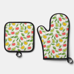 Ensemble De Gant De Cuisine Et De Manique Pommes Oranges et poires Motif de fruits