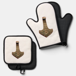 Ensemble De Gant De Cuisine Et De Manique Porte-jarretelles à four blanc Gold Thor Hammer