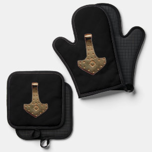 Ensemble De Gant De Cuisine Et De Manique Porte-jarretelles à four noir Gold Thor Hammer