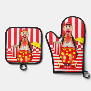 Ensemble De Gant De Cuisine Et De Manique Porte-pots Mitt et Pot Clown Rouge Bande