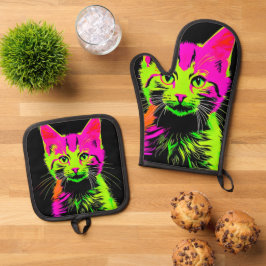 Ensemble De Gant De Cuisine Et De Manique Portrait de chat de Neon