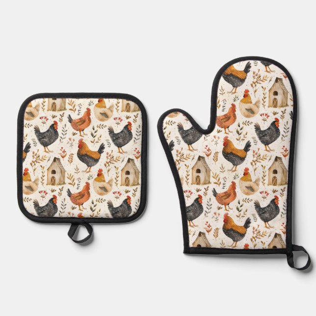 Ensemble De Gant De Cuisine Et De Manique Poulets d'élevage mignons (Recto)