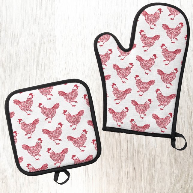Ensemble De Gant De Cuisine Et De Manique Poulets rouges et blancs (Chicken hen red and white pattern kitchen oven mitt and pot holder)