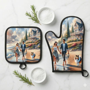 Ensemble De Gant De Cuisine Et De Manique Promenade au coucher du soleil dans un cottage rom