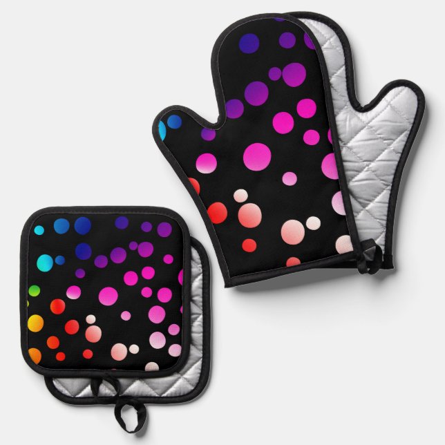 Ensemble De Gant De Cuisine Et De Manique Rainbow Neon Pois (Recto/Verso)