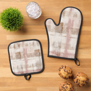 Ensemble De Gant De Cuisine Et De Manique Rayures Abstraites Brun Crème Rose