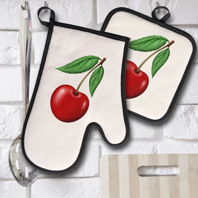 Ensemble De Gant De Cuisine Et De Manique Red Cherry (Cherry retro graphic design kitchen potholder and oven mit)