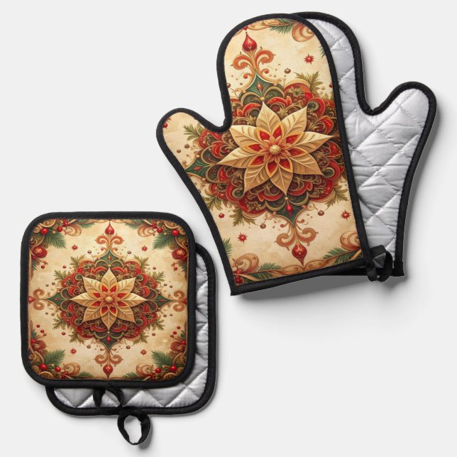 Ensemble De Gant De Cuisine Et De Manique Red Green Decorative (Recto/Verso)