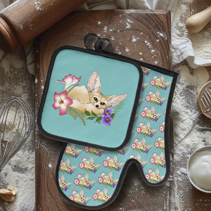 Ensemble De Gant De Cuisine Et De Manique Renard Fennec Fleurs Rose Violet Mignon Bleu Botan