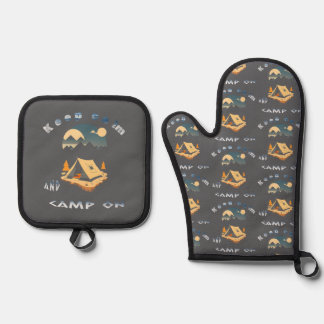 Ensemble De Gant De Cuisine Et De Manique Restez calme et campez sur le camp d'aventure