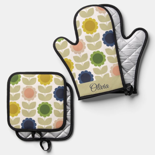 Ensemble De Gant De Cuisine Et De Manique Retro Groovy Summer Flowers Stems (Recto/Verso)
