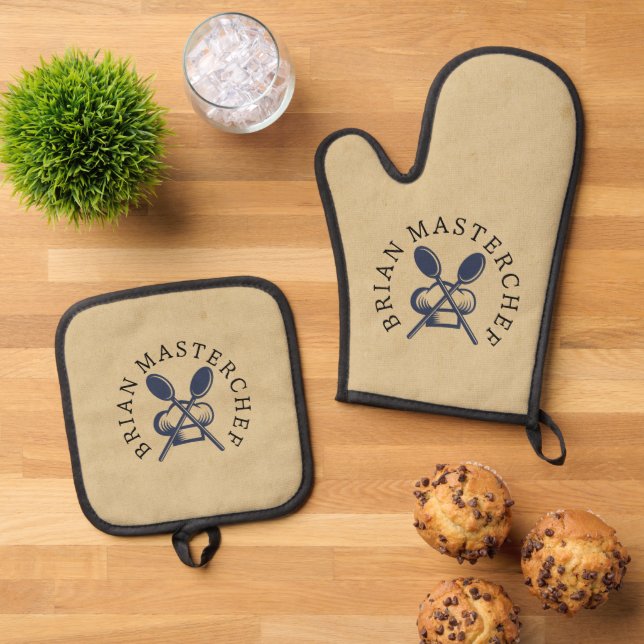 Ensemble De Gant De Cuisine Et De Manique Rétro monogramme moderne pour lui chef (De haut en bas)