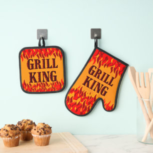 Ensemble De Gant De Cuisine Et De Manique Roi du Grill Flammes Rouges Cuisine BBQ Citation