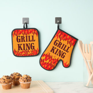 Ensemble De Gant De Cuisine Et De Manique Roi du Grill Flammes Rouges Cuisine BBQ Citation