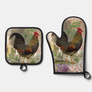 Ensemble De Gant De Cuisine Et De Manique Rooster vintage Français Collage Ferme Animaux dom