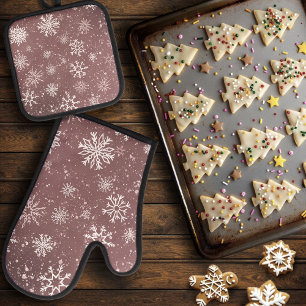 Ensemble De Gant De Cuisine Et De Manique Rose blanc Snowflakes rose