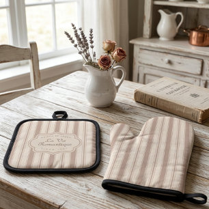 Ensemble De Gant De Cuisine Et De Manique Rose Vintage et Rayures Crème Campagne Française 