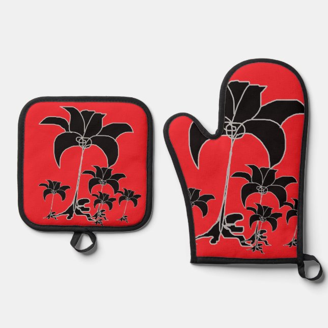 Ensemble De Gant De Cuisine Et De Manique Rouge floral noir (Recto)