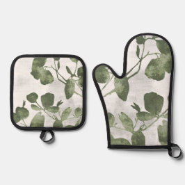 Ensemble De Gant De Cuisine Et De Manique Sage Olive Green Painterly Botanical Art 02