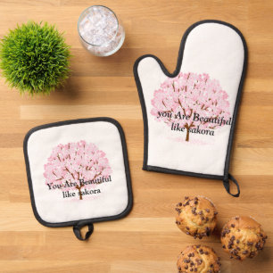 Ensemble De Gant De Cuisine Et De Manique Sakura Tree en pleine floraison - Elégant design d