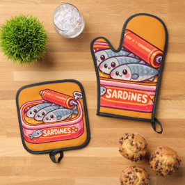 Ensemble De Gant De Cuisine Et De Manique Sardines de dessin animé mignonnes