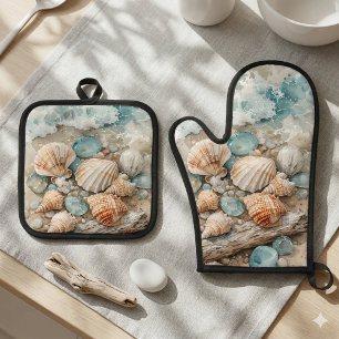 Ensemble De Gant De Cuisine Et De Manique Scène de coquillages de mer côtière à l'aquarelle