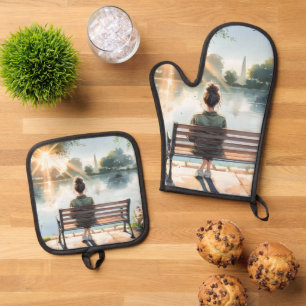 Ensemble De Gant De Cuisine Et De Manique Scène de lac aux reflets de coucher de soleil