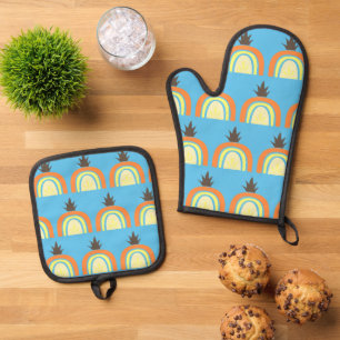 Ensemble De Gant De Cuisine Et De Manique Simple ananas Rainbow Fruit Motif bleu