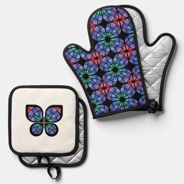 Ensemble De Gant De Cuisine Et De Manique Stained Glass (Fusion - Midnight) (Recto/Verso)