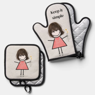 Ensemble De Gant De Cuisine Et De Manique Stick Girl Avec Marguerites Et Citation