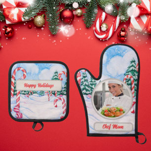Ensemble De Gant De Cuisine Et De Manique Sucre de canne Chef personnalisé Maman Photo Noël