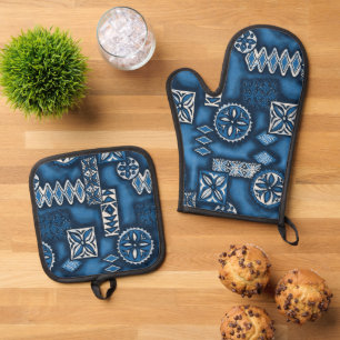 Ensemble De Gant De Cuisine Et De Manique Tapa bleu primitif hawaïen Wave Warriian