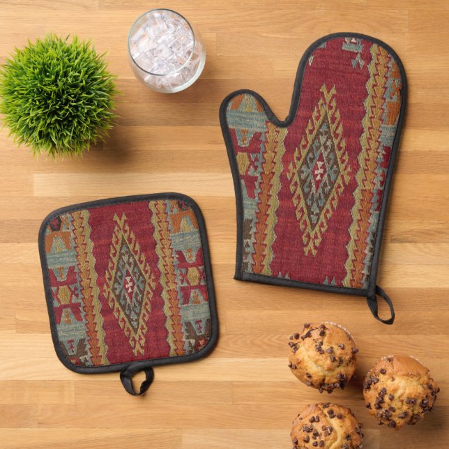 Ensemble De Gant De Cuisine Et De Manique Tapis turc Kilim (De haut en bas)