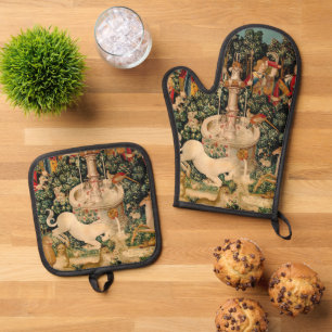 Ensemble De Gant De Cuisine Et De Manique Tapisseries Unicorne Trouvé Légende Mythique