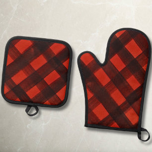 Ensemble De Gant De Cuisine Et De Manique Tartan moderne de Noël peint rouge noir plaid