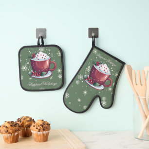 Ensemble De Gant De Cuisine Et De Manique Tasse de chocolat chaud de Noël Vert